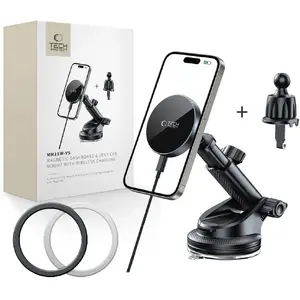 Car mount Tech-Protect MM15W-V5 with 15W wireless charger and 2 magnetic plates for dashboard, windshield and vent, black