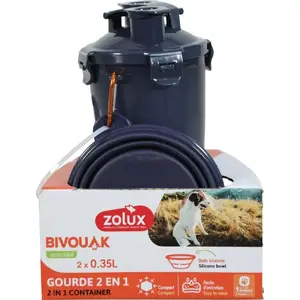 Dog water and food bottle ZOLUX BIVOUAK 2x350 ml blue — portable 2-in-1 dispenser