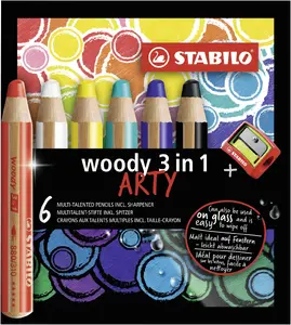 Mākslinieku krītiņu komplekts Stabilo woody 3 in 1 ARTY, 6 gab., daudzkrāsains, garums 130 mm