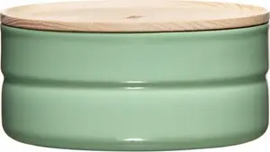 Ceramic kitchen container RIESS 0.6 L with wooden lid — low storage jar, model R-2173-202