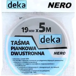 Divpusēja putu lente Deka NERO melna 19 mm x 5 m — pašlīmējoša montāžas lente