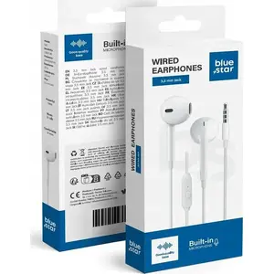 Vadu austiņas blue star PA-E65 ar 3,5 mm spraudni, iebūvētu mikrofonu, kabelis 1,2 m, baltas