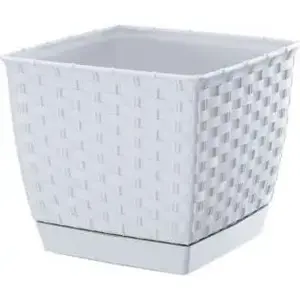 Flower pot with saucer Prosperplast Ratolla Square white – model PP-DRLK145B, plastic square planter