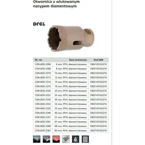Urbis Drel CON-AOD-2306 — 6 mm dimanta sinterēta lodēta kronšteina urbja M14 kāts