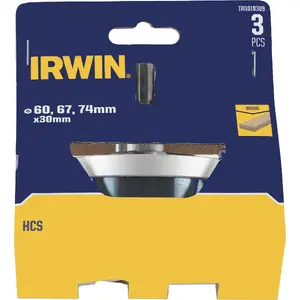Hole Saw Set Irwin for Wood HCS 60, 67, 74 mm x 30 mm with Arbor and Pilot Drill