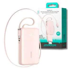 Power bank Joyroom JR-PR2L 10000mAh 35W with built-in retractable USB-C cable and USB-C lanyard — pink