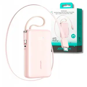 Power bank Joyroom JR-PR2L 10000mAh 35W with built-in retractable USB-C and Lightning strap cable — pink