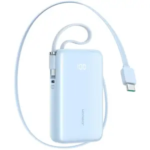 Power bank Joyroom JR-PR2L 10000mAh 35W with built-in retractable USB-C cable and USB-C lanyard — blue