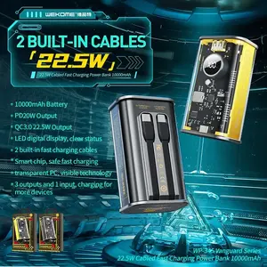 Power bank WEKOME WP-345 Vanguard Series — 10000 mAh, PD 20W + QC 22.5W, iebūvēts USB‑C un Lightning kabelis (dzeltens)