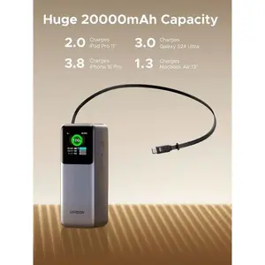 Павербанк UGREEN PB726 20000 мА·ч USB + USB‑C 165W с встроенным кабелем (серый)