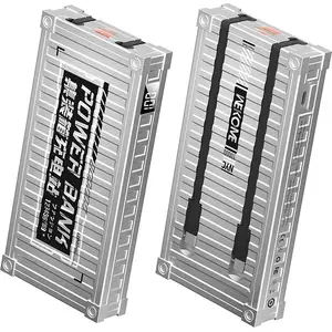 Powerbank WEKOME WP-339 Container Series — 10 000 mAh, PD 20W + QC 22.5W, iebūvēti USB‑C un Lightning kabeļi (sudraba)