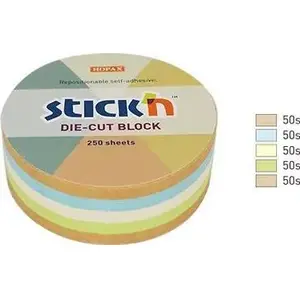 Stickn apaļas pašlīmējošas lapiņas 67×67 mm, 250 loksnes, 5 krāsu maisījums (pasteļtoņi + pārstrādāts)
