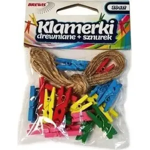 Clothespins set BREWIS 20 pcs with colored cord — plastic wooden-style laundry pins