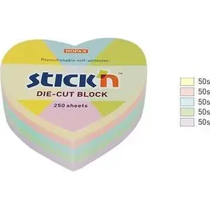 Līmplēnītes Stickn 21835 — sirds forma, 64×67 mm, 5 pasteļtoņu krāsas, 250 lapas