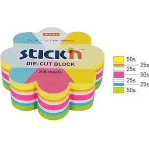 Lipīgie lapiņu bloki Stick'n 67×67 mm, 250 lapas, maisījums 5 krāsas (neona + balta)