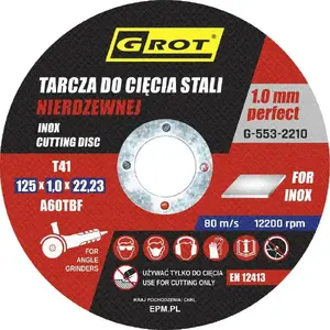 Диск отрезной Grot TARCZA PŁASKA INOX T1A 125×1.0×22 мм, набор 10 шт.
