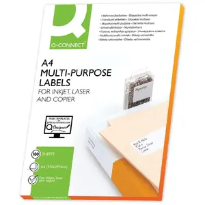 Printer label Q-Connect KF15386 — A4 multicolour, laser/inkjet, 65 labels/sheet, 2.11×3.81 cm, 100 pcs