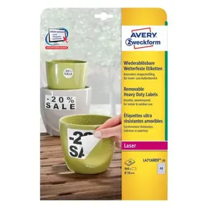 Самоклеящиеся съемные круглые этикетки Avery L4716REV-20, белые, диаметр 3 см, 960 шт.
