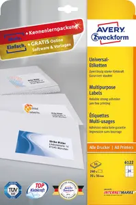 Avery Zweckform 6122 White бумажные этикетки A4 — 24 листа, 10 этикеток/лист (7,0 x 3,6 см)