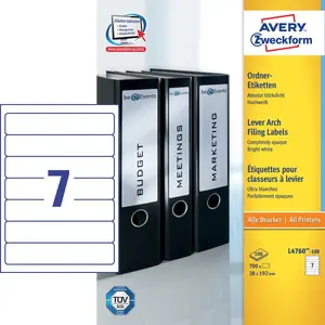 Self-adhesive Filing Labels Biurfol Wide L4760-100 — White, A4 sheets, 3.8×19.2 cm, 700 labels (100 sheets)