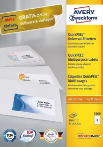 Self-adhesive rectangle labels Avery Zweckform 3660 — Permanent white, 800 pcs