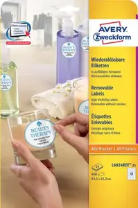 Self-adhesive oval labels Avery Zweckform L6024REV-25, white, removable, 63.5×42.3 mm, 450 labels (25 A4 sheets)