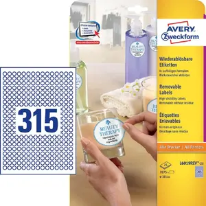 Self-adhesive removable circle labels Avery Zweckform L6019-25, white, Ø 1 cm, 7,875 pcs