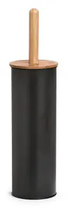 Toilet brush with holder ZELLER 18909 — black and wood, iron holder, 384 mm height, Ø 10 cm