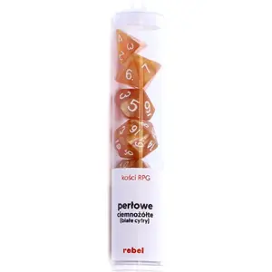 RPG dice set Rebel Perłowe — dark yellow with white numerals, tabletop gaming dice set