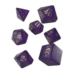Dice set Q-Workshop Purrito — 7-piece tabletop dice, gold and purple, boxed