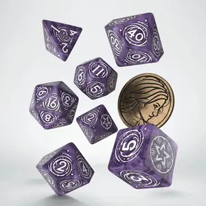 Poliedriskais kauliņu komplekts Q-Workshop The Witcher — Yennefer (lillā un ērkšķogas), 7 kauliņi + metāla monēta