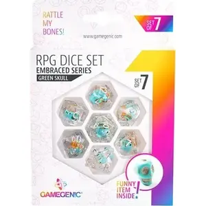 RPG Dice Set Gamegenic Embraced Series — Green Skull design, polyhedral tabletop dice