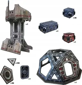 Teritorijas elements Battle Systems Ltd Outlands Explorer Station — modulāra zinātniskās fantastikas būve galda spēlēm