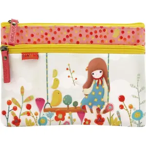Flat pouch with two zippers Santoro three little birds – model 477KK06, compact cosmetic or stationery bag