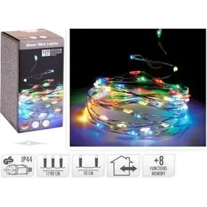 KMTP Christmas string lights on silver wire, 120 LED multicolour with timer, decorative lighting