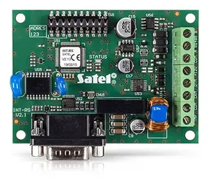 Smart home gateway SATEL INT-RS Plus — wired, 12 V, compact 57×80 mm, green