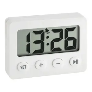 Kvartza modinātājs TFA 60.2014.02 — taisnstūrveida ar LCD, balts, CR2032 baterija, 59×14×42 mm