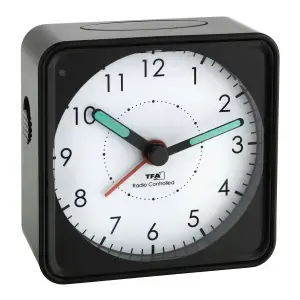 Analogue radio-controlled alarm clock TFA PICCO — square black, 75×75×31 mm, AAA battery