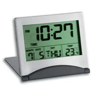 Digitālais modinātājs TFA 98.1054 — LCD, 12/24 h, CR2025 baterija, 71×62×13 mm, pelēks/ sudrabains