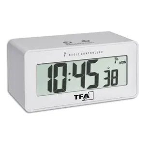 Цифровой будильник TFA 60.2544.02 — прямоугольный белый, синяя подсветка, питание от AA, 124×59×59 мм