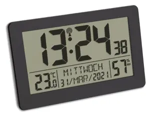 Digitālais modinātājs TFA 60.2557.01 — taisnstūra LCD, melns, darbina AA baterija