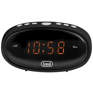 Digitālais modinātājs Trevi EC 880 — LED ekrāns, dzintara apgaismojums, barošana no tīkla, AAA rezerves, 135×65×50 mm