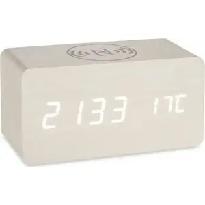 Galda digitālais pulkstenis Gift Decor S3611237 — balts PVC ar MDF koka elementiem, 15×7,5×7 cm
