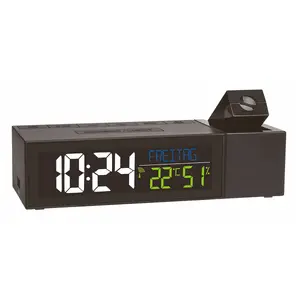 TFA radio-kontrolējamais projektējošs modinātājs SHOW — digitāls LED, iekštelpu klimats, AAA baterijas, 167×48×66 mm, melns