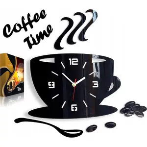 Sienas pulkstenis ModernClock FILIŻANKA EFEKT 3D — virtuves pulkstenis, 12 krāsas, modelis Coffe3dBlack
