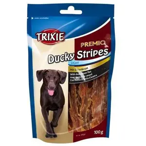 Suņu gardumi Trixie PASKI Premio Ducky Stripes Light Kaczka 100 g — šķēlītes ar pīli, zema tauku satura