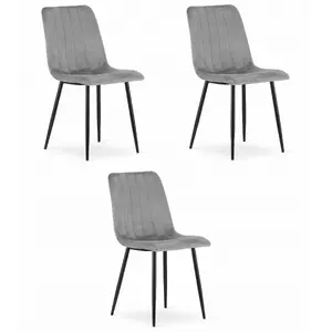 Chair LEOBERT LAVA velvet grey — set of 3, velvet upholstery, dining and living room seating