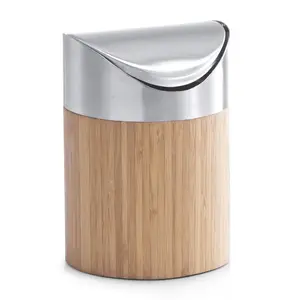 Trash can ZELLER 25281 — round bamboo body with silver rim, Ø12 cm, height 170 mm
