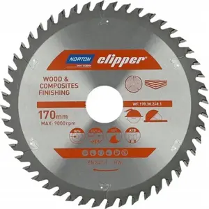 Apaļzāģa ripa NORTON 170 mm x 30 mm 48 zobu ATB (2,6 / 1,6) kokam un kompozītiem