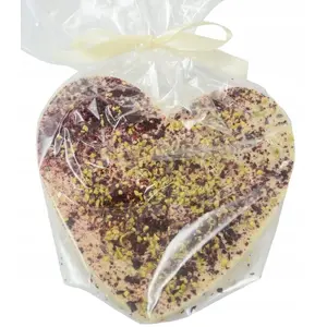 Box of M.Pelczar Chocolatier white chocolate hearts decorated with cherries and pistachios, 130 g